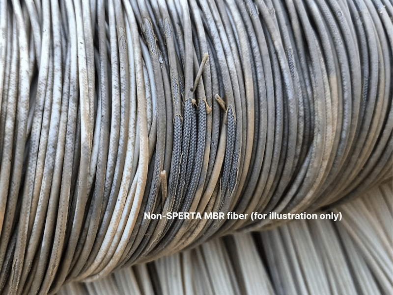PVDF coating peeling observed on a 600 N-rated fiber rope under high-strength wastewater conditions.