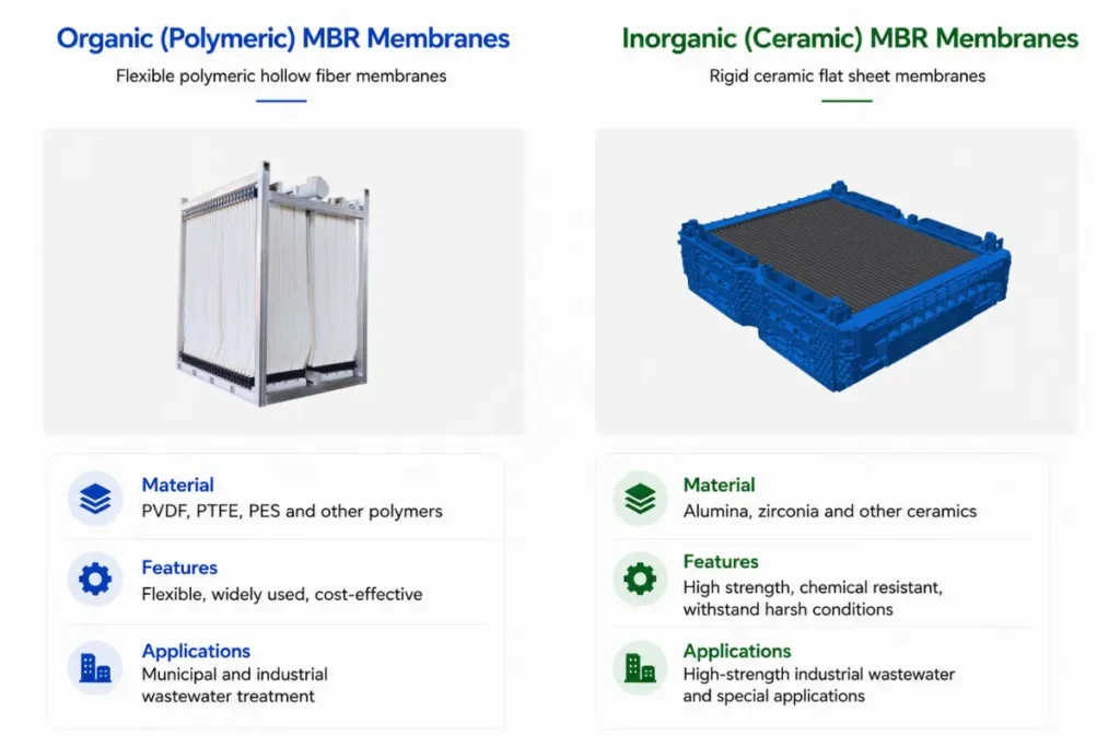Organic PVDF hollow fiber and inorganic ceramic MBR membrane structures